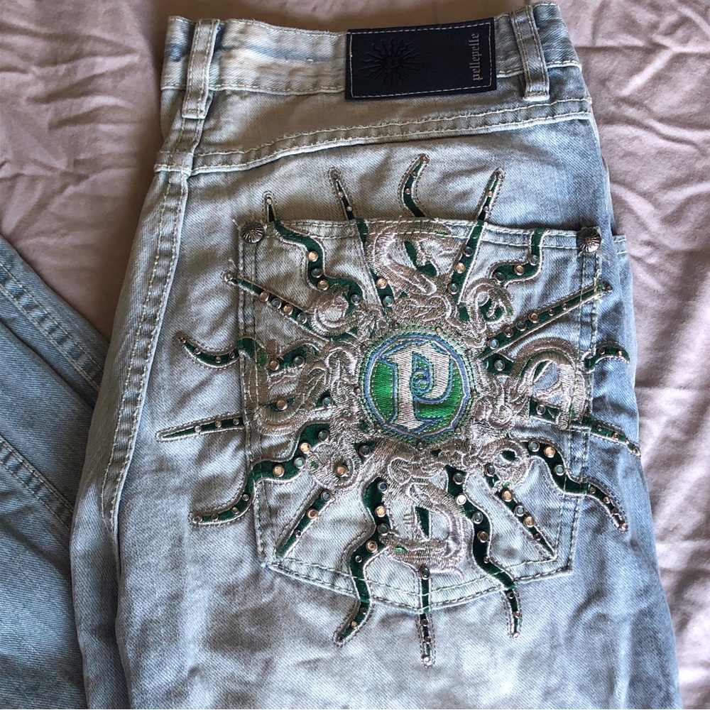 pelle pelle light wash denim jeans metallic embroidered rhinestone pockets